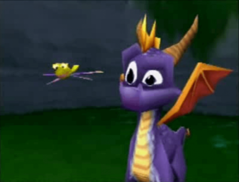 Spyro junto a Sparx la libélula (Spyro the Dragon, 1998)